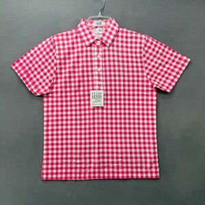 Leon Levin Polo Shirt Womens Medium Pink Gingham Check Short Sleeve Preppy NEW